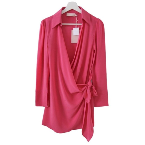 Sofia The Label NWT Dua Silk Wrap Dress Hot Pink Long Sleeve Mini - Picture 5 of 8
